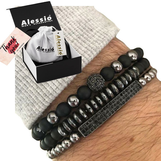 BRANSOLETKI MĘSKIE czarne ZESTAW koraliki BLASZKA