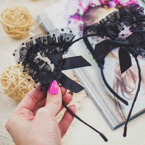OPASKA DO WŁOSÓW kocie USZY koronka czarna PANIEŃSKI kokardki