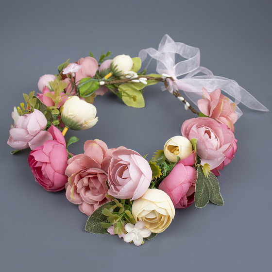 WIANEK na głowę BOHO kwiaty RÓŻOWY ślubny PIWONIE