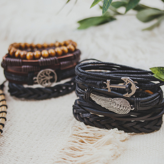 BRANSOLETKA męska SKÓRZANA skrzydło ZESTAW kotwica