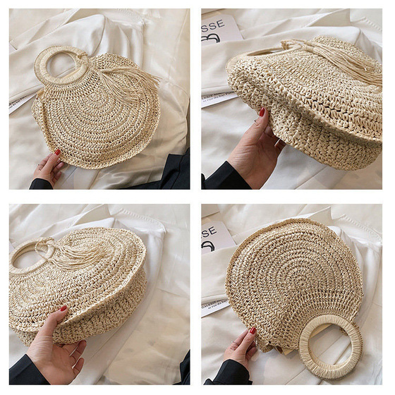 Torba damska SŁOMIANA okrągła BOHO beżowa