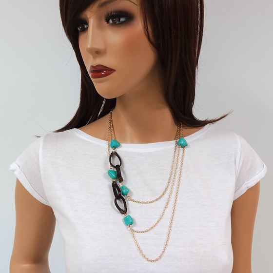 NASZYJNIK potrójny TURKUSOWE KAMIENIE złoty