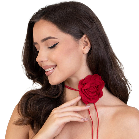 Naszyjnik CHOKER ozdobny KWIAT na szyję róża na rzemyku elegancki czerwony