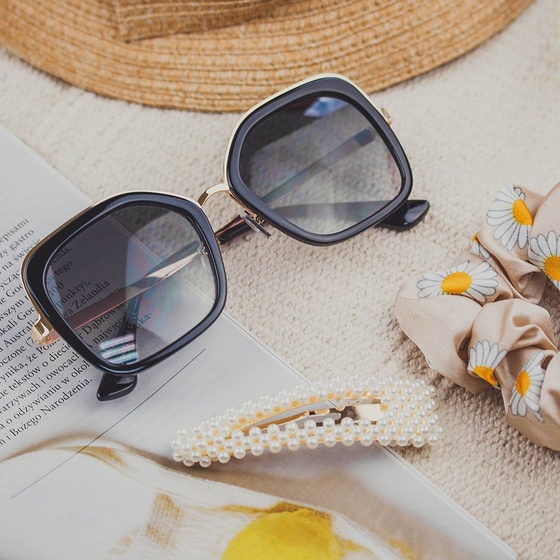 OKULARY przeciwsłoneczne DAMSKIE czarne ZŁOTE duże