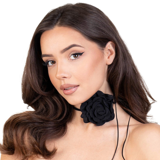 Naszyjnik CHOKER ozdobny KWIAT na szyję róża na rzemyku elegancki czarny