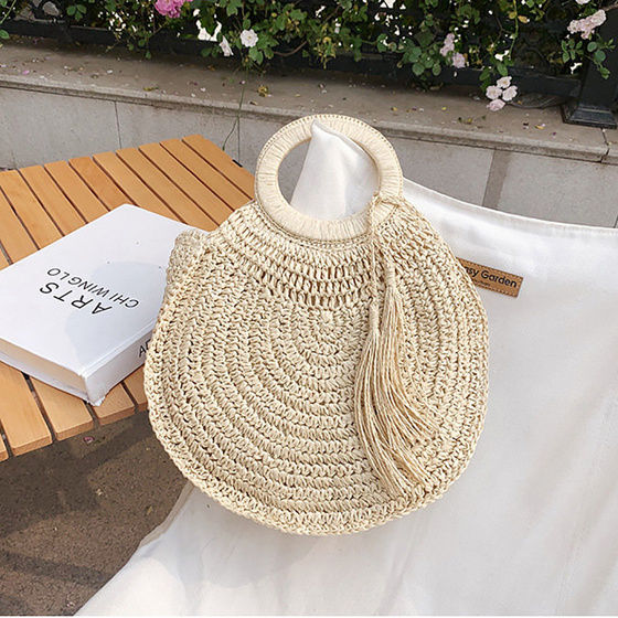 Torba damska SŁOMIANA okrągła BOHO beżowa