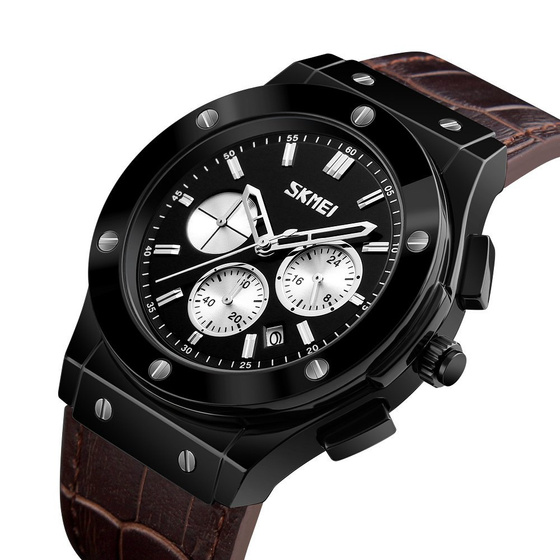 Zegarek męski SKMEI 9157 DATOWNIK brąz SKÓRZANY