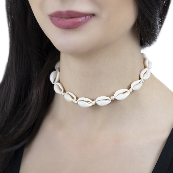 CHOKER naszyjnik DŁUGI Z MUSZELEK wiązany beż