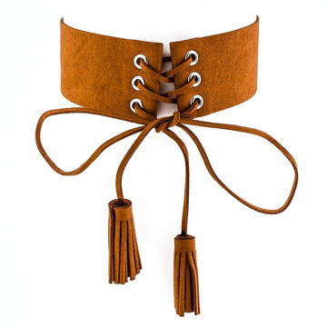 Choker sznurowany frędzle brązowy