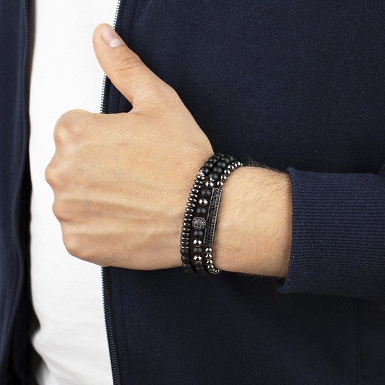 BRANSOLETKI MĘSKIE czarne ZESTAW koraliki BLASZKA