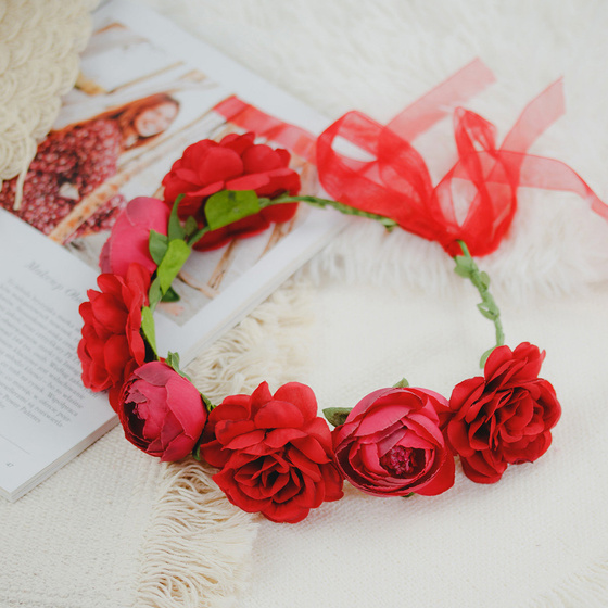 WIANEK na głowę KWIATY czerwony ŚLUBNY piwonie