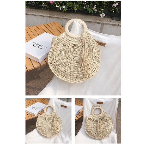 Torba damska SŁOMIANA okrągła BOHO beżowa