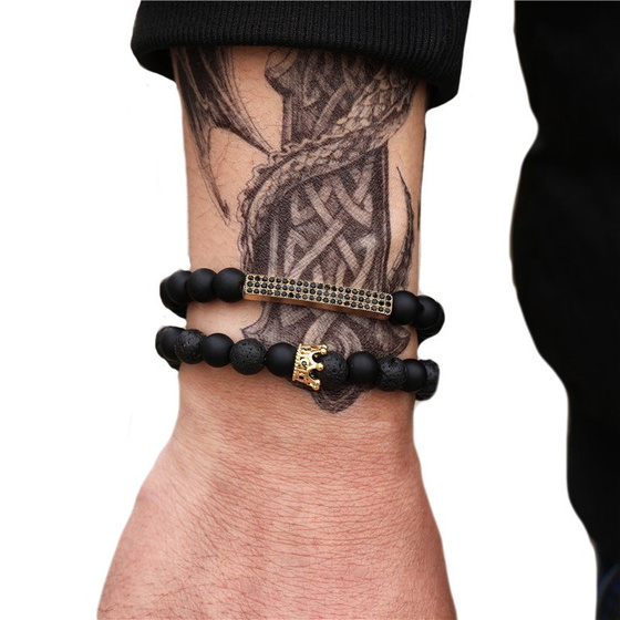 BRANSOLETKI MĘSKIE czarne koraliki BLASZKA złota