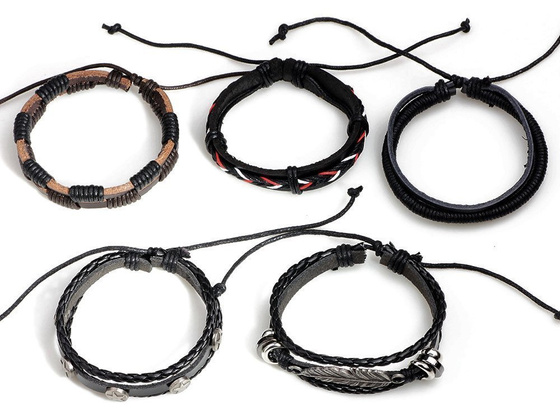 BRANSOLETKA męska SKÓRZANA rzemyk pióro ZESTAW