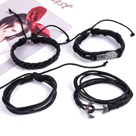 BRANSOLETKA męska SKÓRZANA skrzydło ZESTAW kotwica