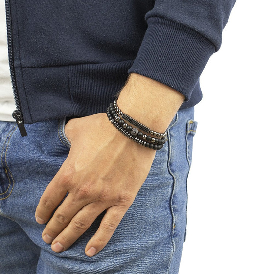 BRANSOLETKI MĘSKIE czarne ZESTAW koraliki BLASZKA