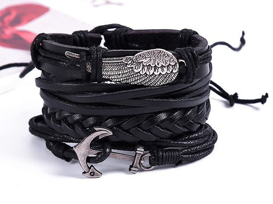 BRANSOLETKA męska SKÓRZANA skrzydło ZESTAW kotwica