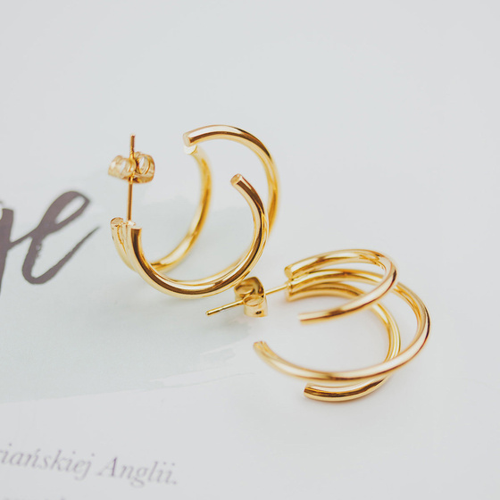 Kolczyki POTRÓJNE grube STAL SZLACHETNA POZŁACANA