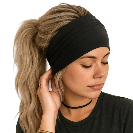 OPASKA DO WŁOSÓW GŁOWĘ USZY GŁADKA CZARNA na chłodne dni ELASTYCZNA SZEROKA