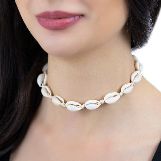 CHOKER naszyjnik DŁUGI Z MUSZELEK wiązany beż