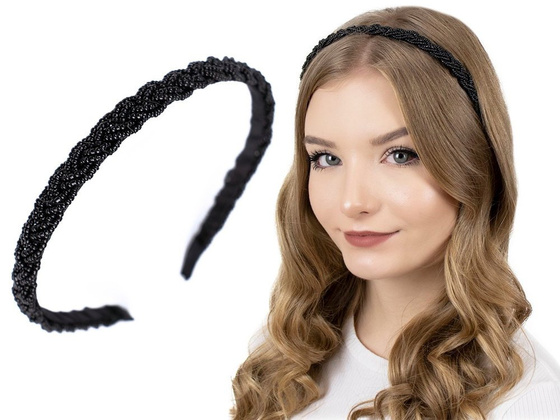 OPASKA DO WŁOSÓW czarna KORALIKI warkocz WĄSKA elegancka
