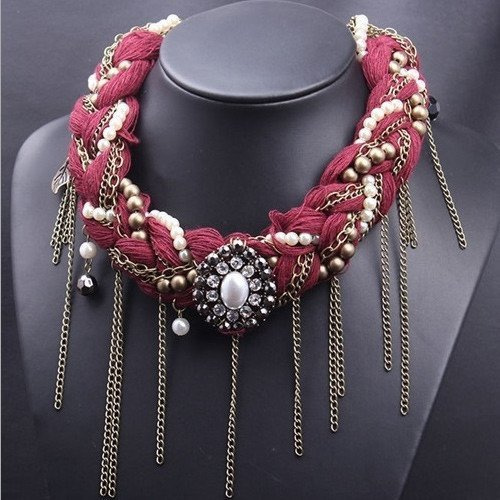 KOLIA PLECIONA bordowa DUŻE KRYSZTAŁY koraliki