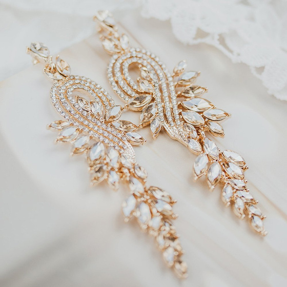 KOLCZYKI złote WISZĄCE kryształki ŚLUBNE długie