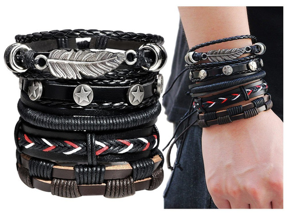 BRANSOLETKA męska SKÓRZANA rzemyk pióro ZESTAW