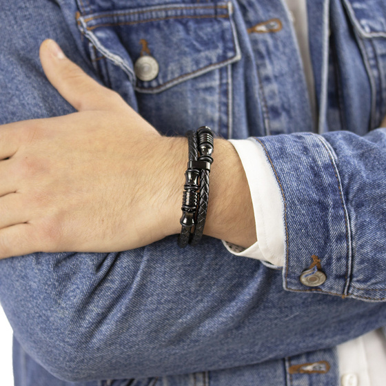 Bransoletka CZARNA STAL SZLACHETNA 316L SKÓRA