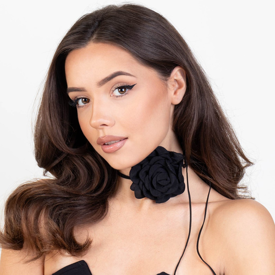 Naszyjnik CHOKER ozdobny KWIAT na szyję róża na rzemyku elegancki czarny