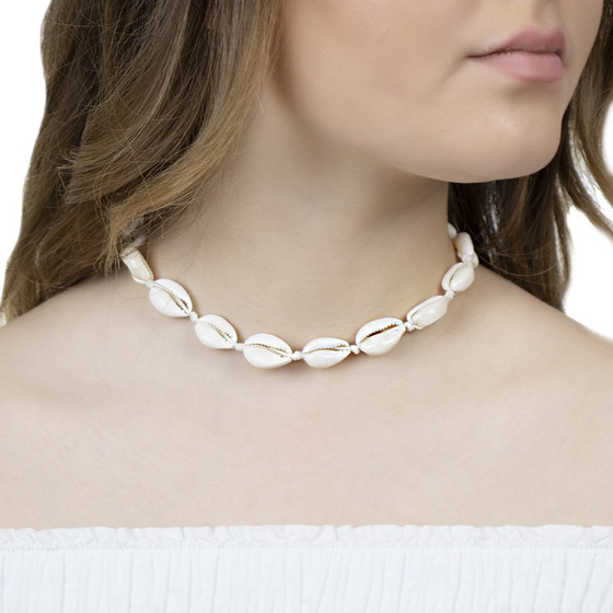 CHOKER naszyjnik wiązany MUSZELKI biały SZNUREK