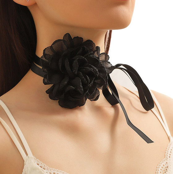 CHOKER Naszyjnik ozdobny na szyję KWIAT róża WSTĄŻKA elegancki czarny