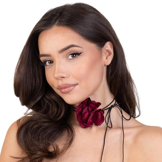 Naszyjnik CHOKER ozdobny RÓŻA na szyję KWIAT na rzemyku elegancki CZERWONY