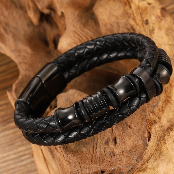 Bransoletka CZARNA STAL SZLACHETNA 316L SKÓRA