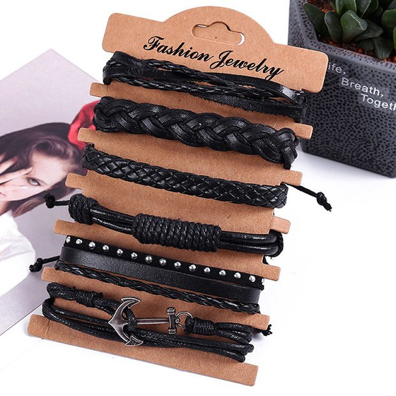 Bransoletka MĘSKA skórzana ZESTAW kotwica CZARNA