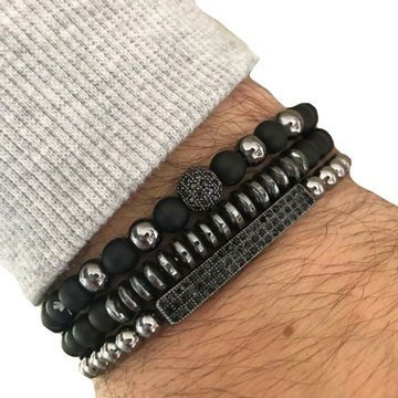 BRANSOLETKI MĘSKIE czarne ZESTAW koraliki BLASZKA