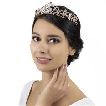 DIADEM ŚLUBNY KORONA kryształy RÓŻOWE ZŁOTO tiara