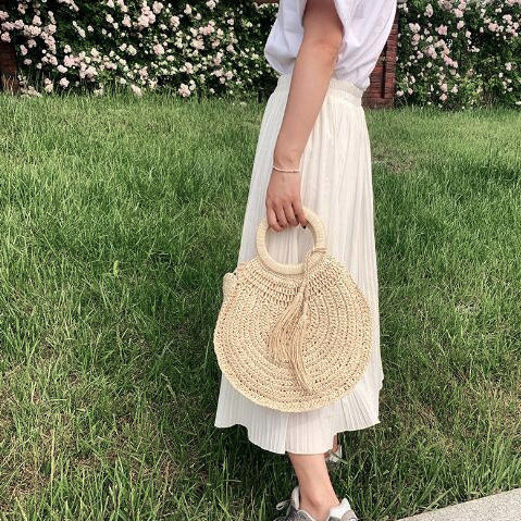 Torba damska SŁOMIANA okrągła BOHO beżowa