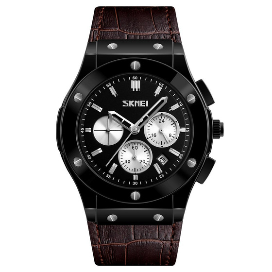 Zegarek męski SKMEI 9157 DATOWNIK brąz SKÓRZANY