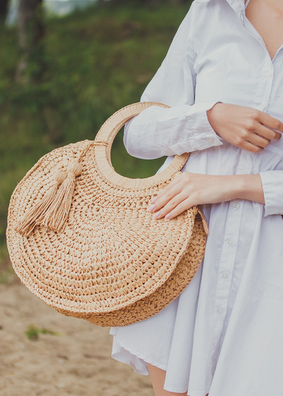 Torba damska SŁOMIANA okrągła BOHO beżowa
