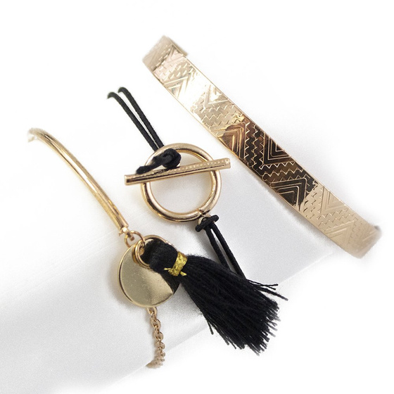 BRANSOLETKA zestaw CHWOST kółko ZŁOTA czarna