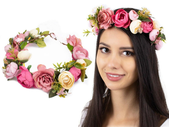 WIANEK na głowę BOHO kwiaty RÓŻOWY ślubny PIWONIE