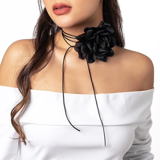 Naszyjnik CHOKER ozdobny RÓŻA na szyję KWIAT na rzemyku elegancki czarny