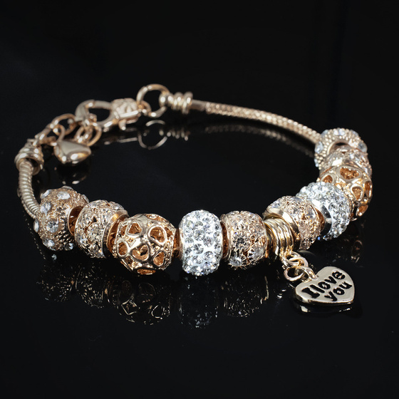 BRANSOLETKA damska CHARMS złota napis: I love you