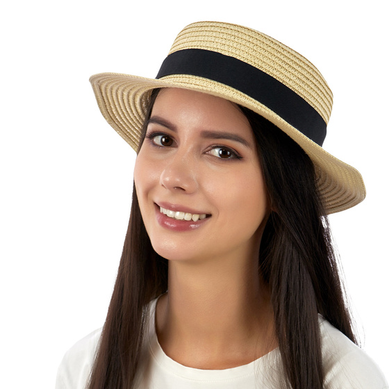 KAPELUSZ pleciony damski KANOTIER (boater) małe rondo LATO KOKARDA