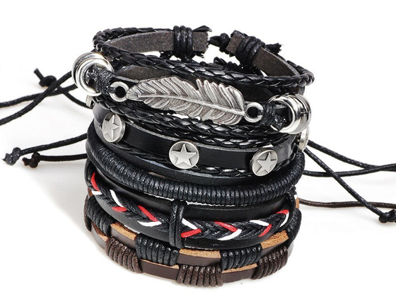 BRANSOLETKA męska SKÓRZANA rzemyk pióro ZESTAW