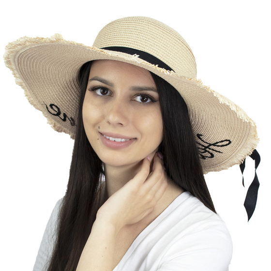 Kapelusz damski SŁOMKOWY DUŻY z napisem BEŻOWY