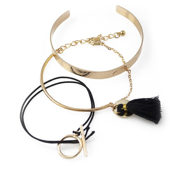 BRANSOLETKA zestaw CHWOST kółko ZŁOTA czarna