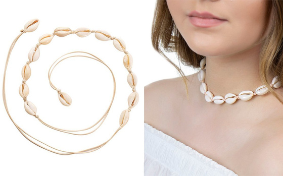 CHOKER naszyjnik DŁUGI Z MUSZELEK wiązany beż