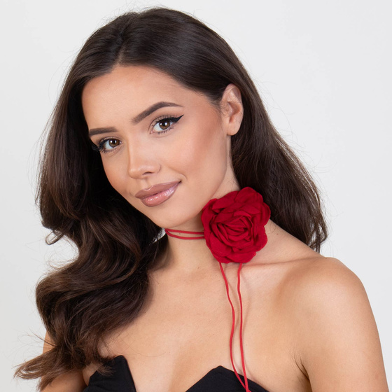 Naszyjnik CHOKER ozdobny KWIAT na szyję róża na rzemyku elegancki czerwony